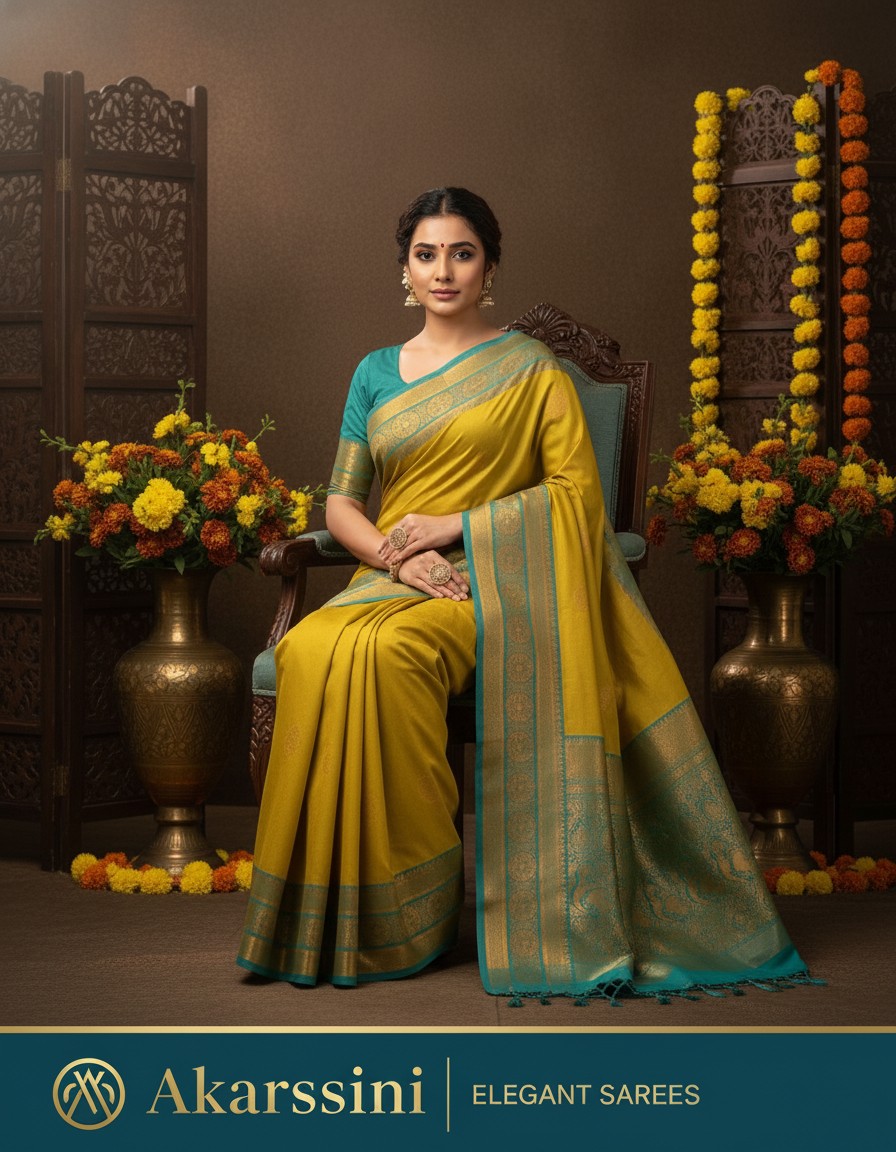 Mustard Yellow Silk Blend Saree with Heavy Border