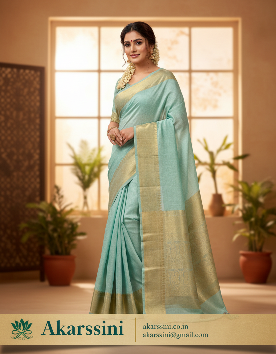Linen Cotton Saree with Mirror Work & Zari Border