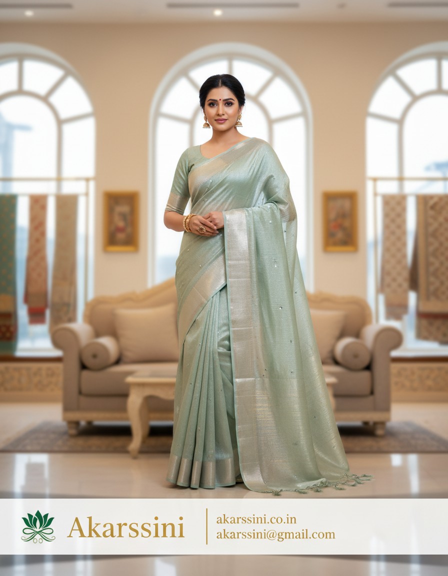 Akarssini Mint Chandrika Silver Zari Saree