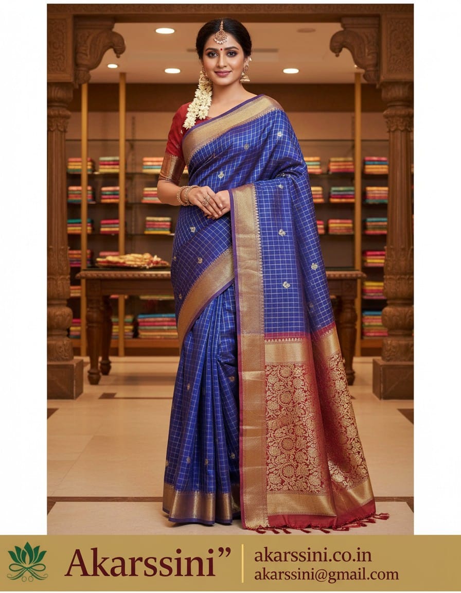 Akarssini Royal Neelam Checked Zari Silk Saree