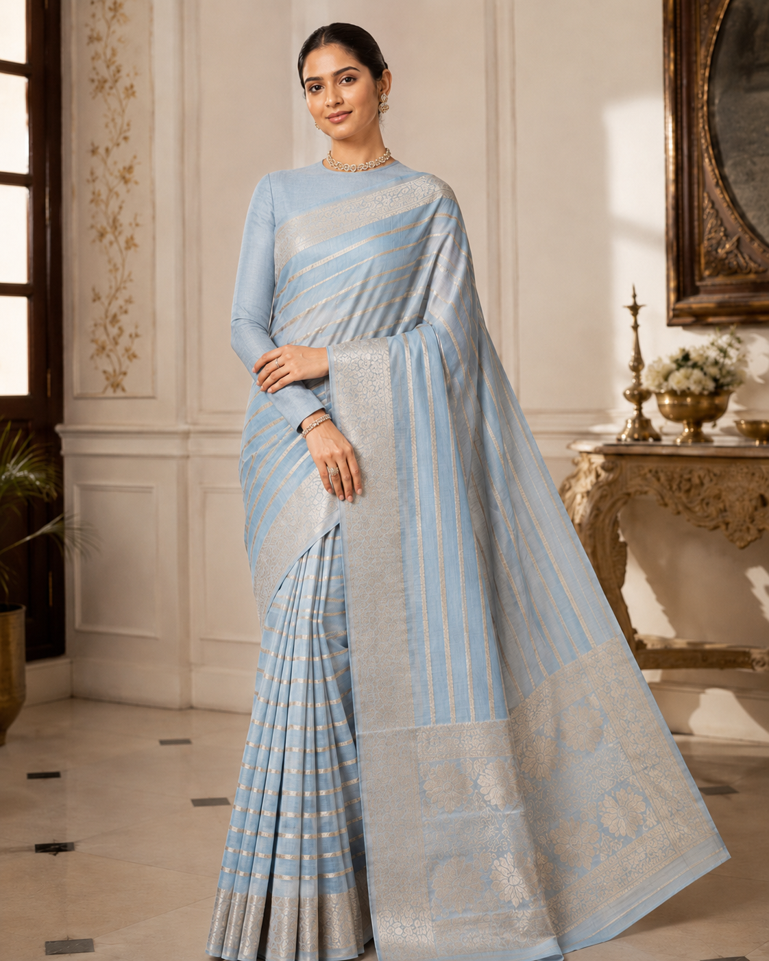 Akarssini Neel Shobha Silver Zari Saree
